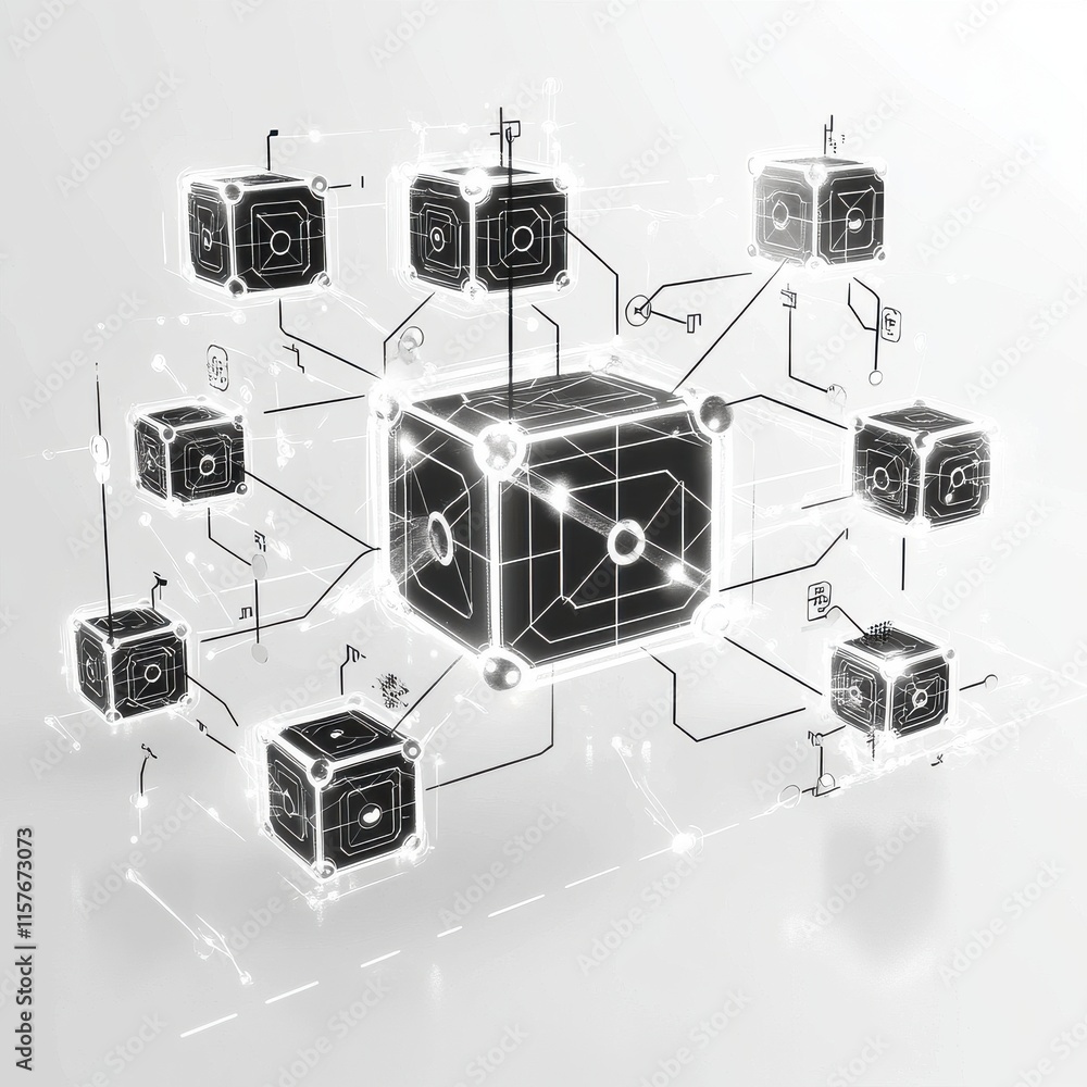 Poster conceptual illustration of interconnected digital cubes in a high-tech network environment.