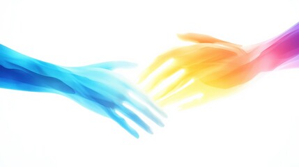 Abstract digital representation of two hands reaching out to each other, symbolizing connection, unity, compassion, and diversity with vibrant color gradients creating an ethereal effect.