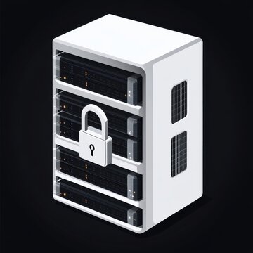 Illustration of a secure server rack with a padlock, symbolizing data protection and cybersecurity.