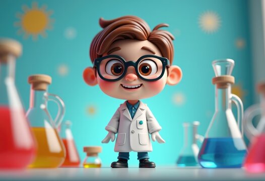 A cute cartoon boy wearing a lab coat and glasses  surrounded by colorful beakers.