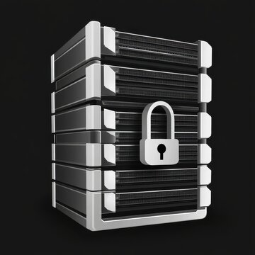 A stacked server unit featuring a padlock graphic, symbolizing data security and protection.