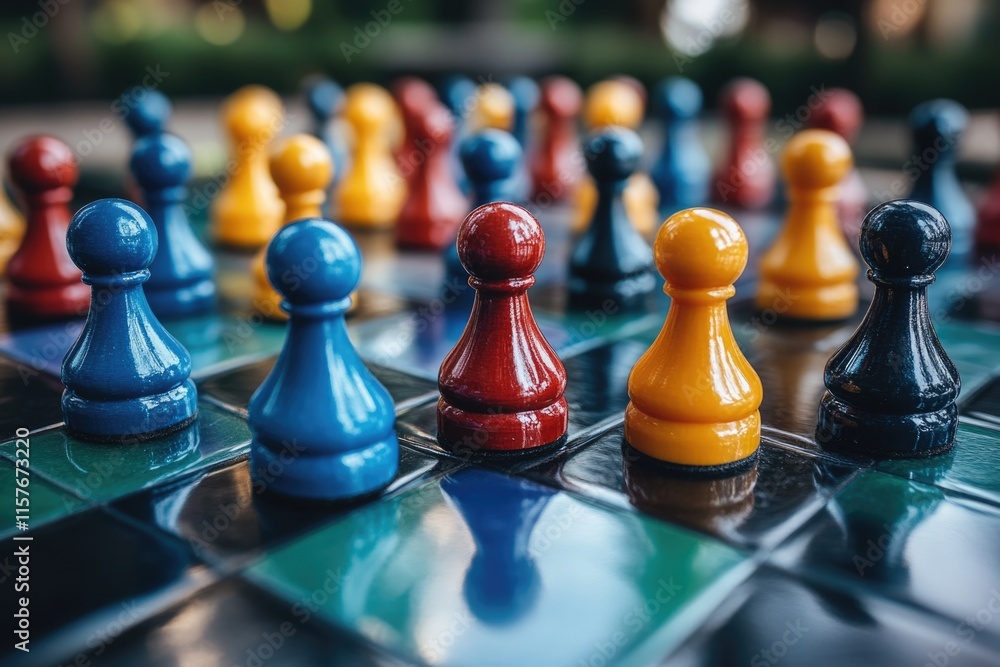 Poster a detailed view of a vibrant and playful chess board, perfect for use in illustrations or educationa