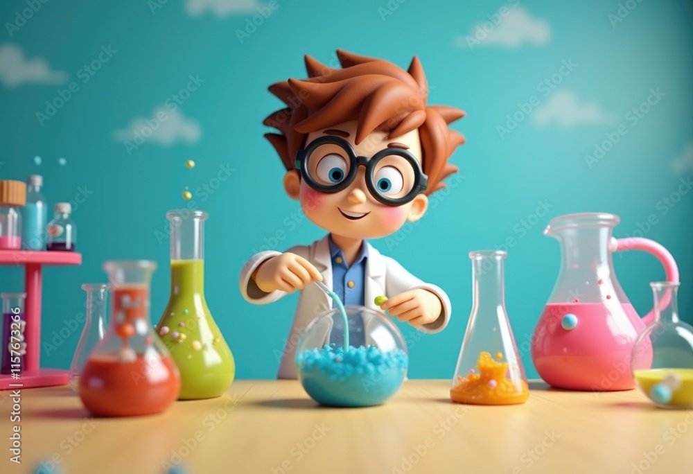 Poster A cartoon scientist conducts an experiment in a lab filled with colorful beakers.