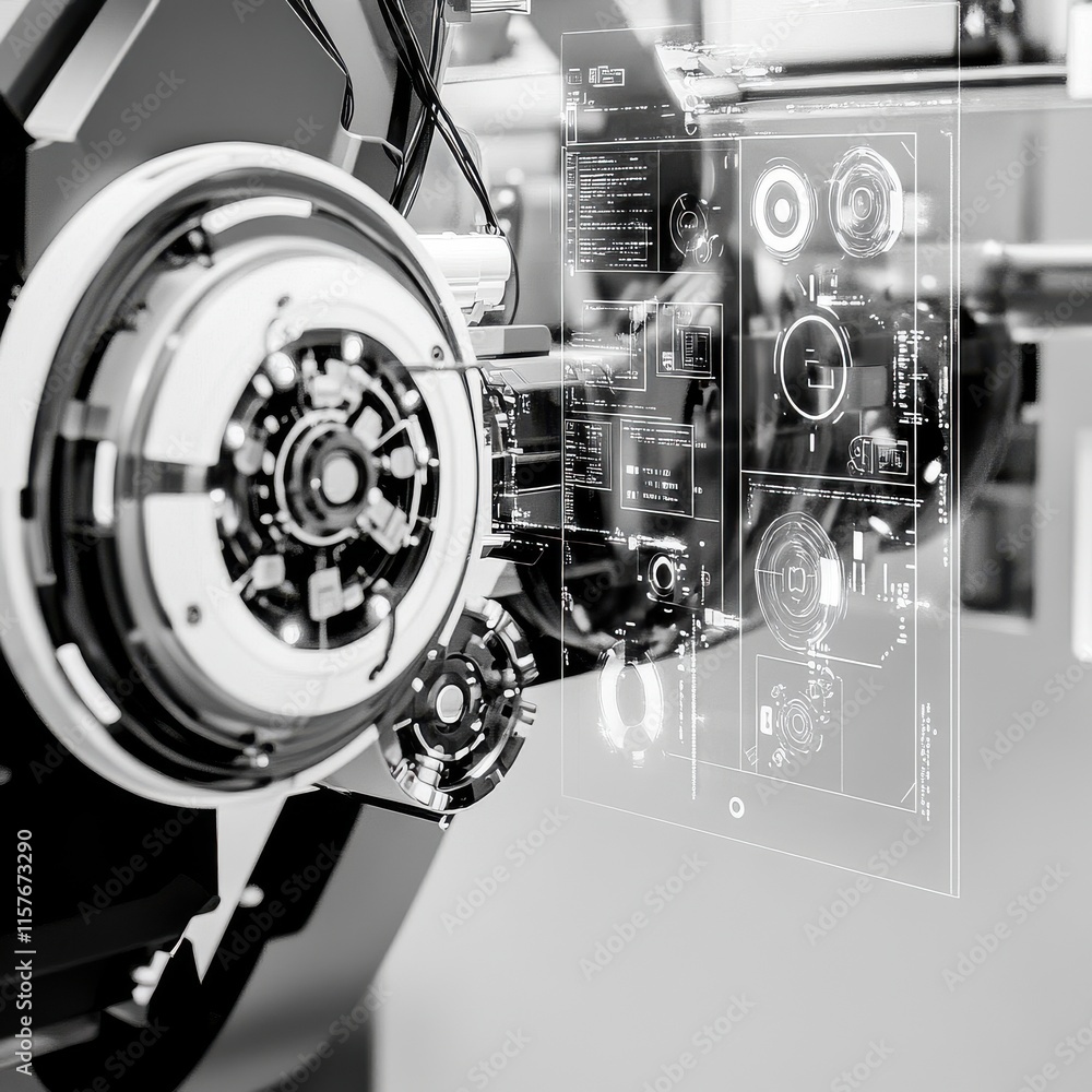 Poster futuristic technology display with intricate holographic interface elements and advanced mechanical 
