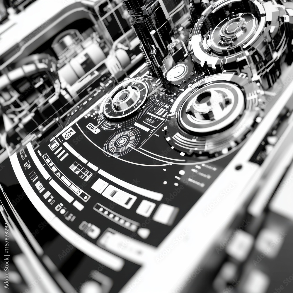 Poster futuristic black and white abstract design showcasing intricate mechanical patterns and digital inte