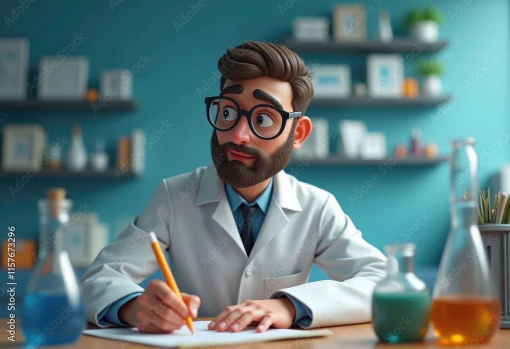 Poster a cartoon scientist in a lab coat writing on a paper.
