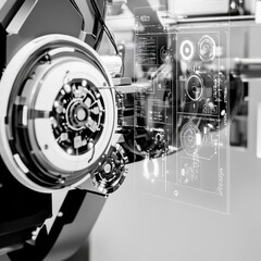 Futuristic technology display with intricate holographic interface elements and advanced mechanical components.