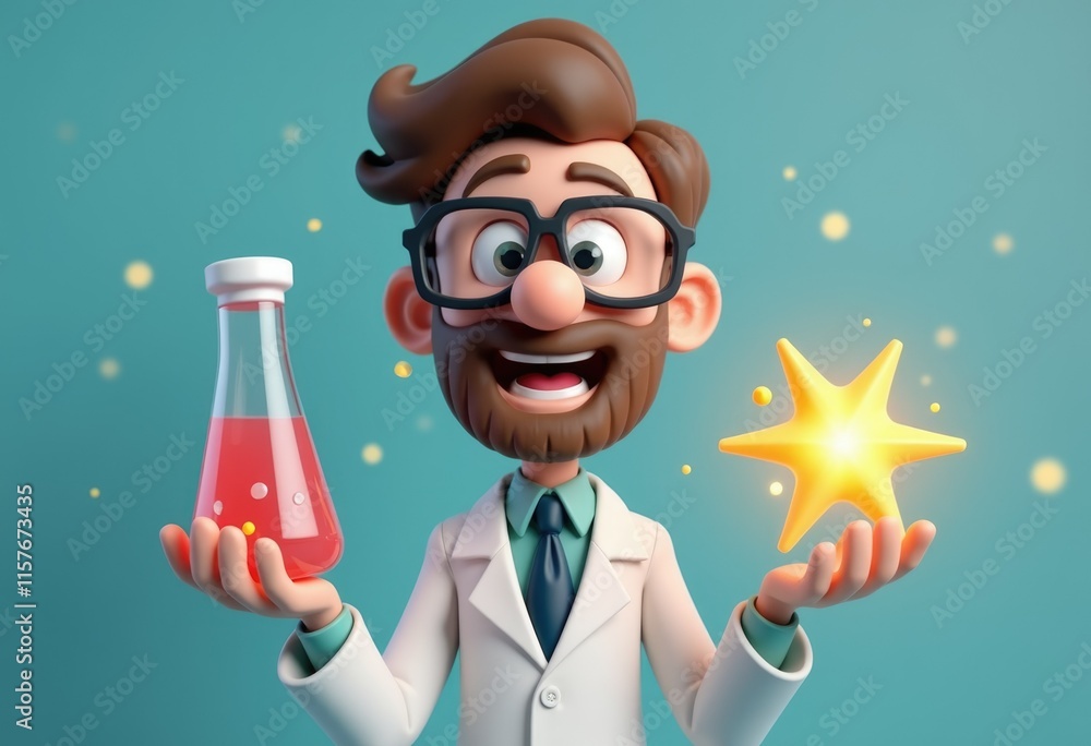 Poster a cartoon scientist holds a beaker of red liquid and a glowing star.