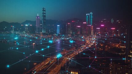 Fototapeta premium Smart digital Innovation city with connection network reciprocity over the cityscape. of future smart wireless digital city and social media networking systems that connects people with in city