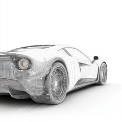 A sleek, futuristic sports car represented in a wireframe model, showcasing intricate design and engineering.
