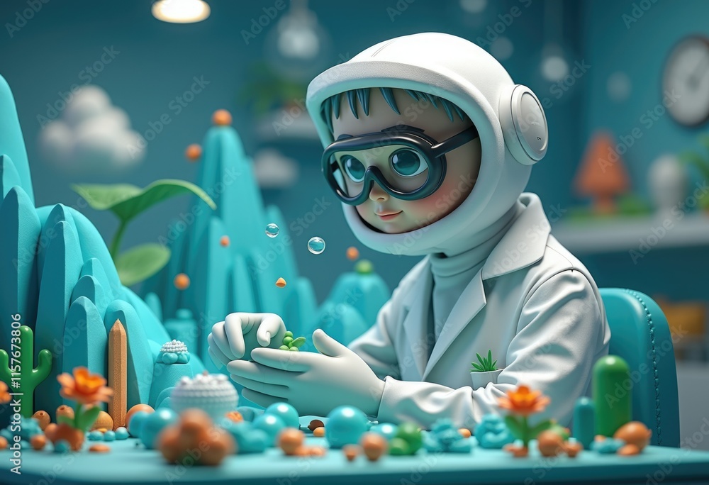 Aufkleber a cute astronaut scientist examines a small plant in a lab setting.