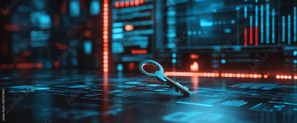 Aufkleber a key rests on a digital interface, symbolizing cybersecurity and access.