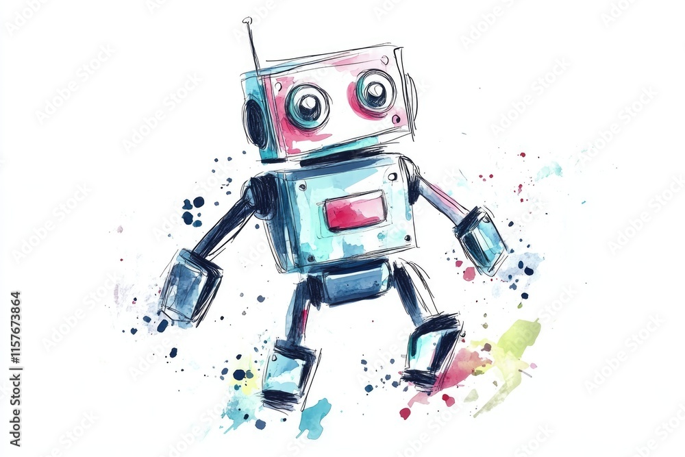 Poster a watercolor drawing of a robot with colorful paint splatters