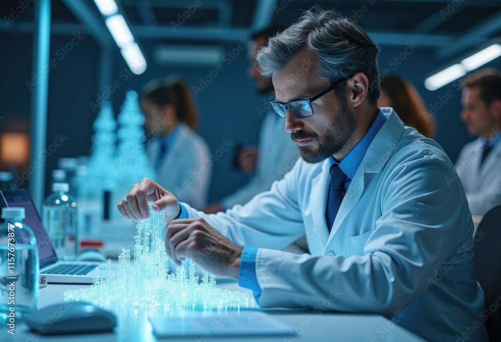 Poster scientist in lab coat examines glowing biological structure model.