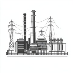 Industrial power plant illustration showcasing energy production with smokestacks and power lines.