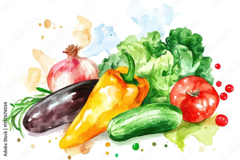 Poster a still life image featuring various vegetables arranged on a clean white surface