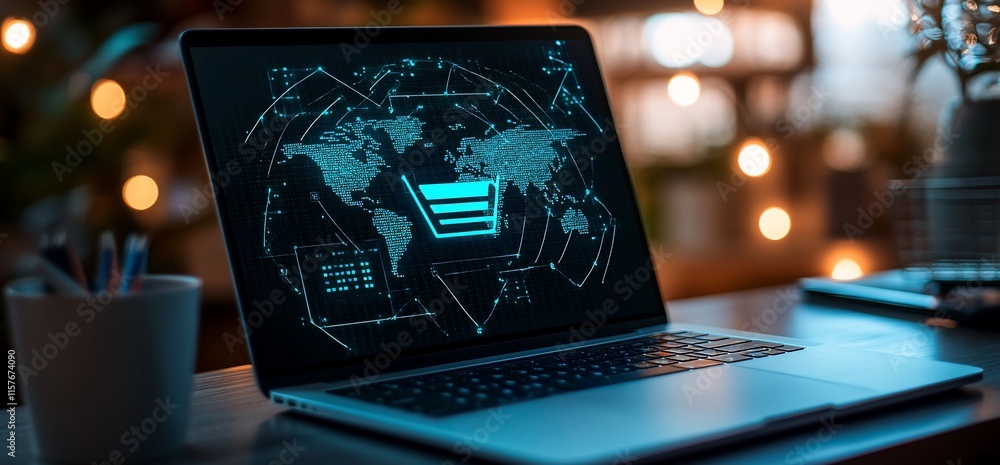 Poster a laptop displaying a digital map and shopping cart icon, symbolizing e-commerce.