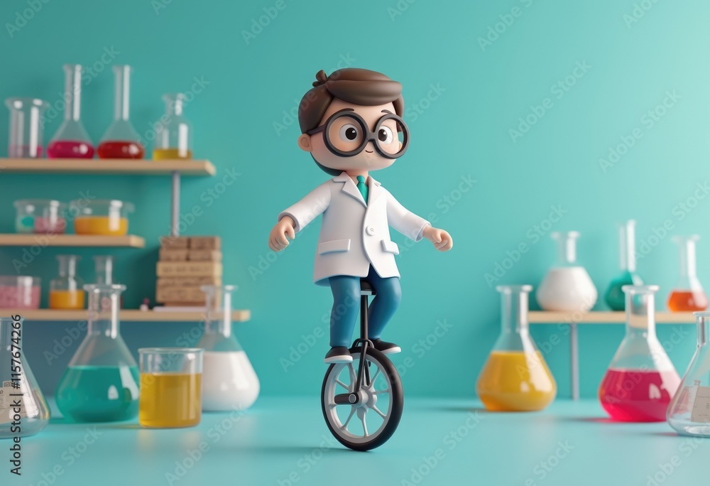 Poster a 3d cartoon scientist rides a unicycle in a laboratory setting.
