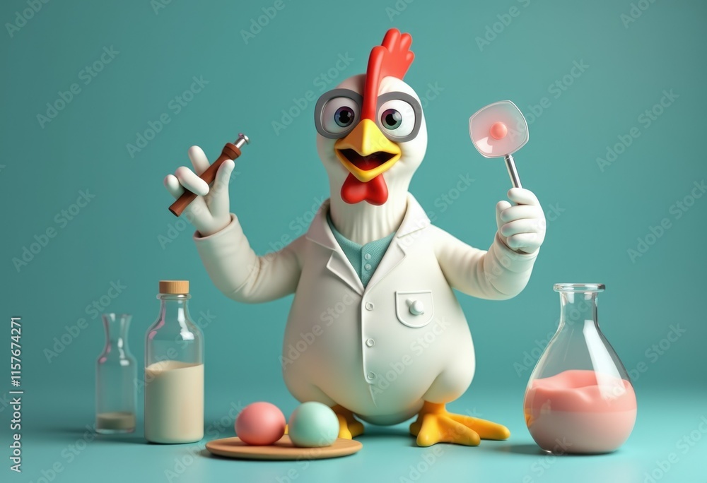 Aufkleber a cartoon chicken scientist holds a beaker and a stirring rod surrounded by eggs and beakers.