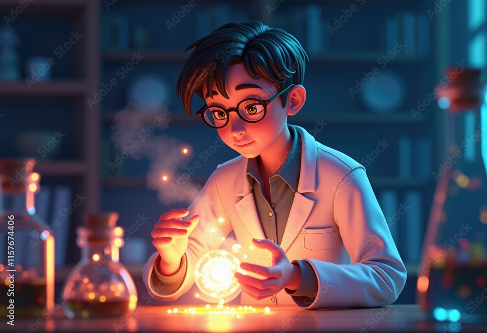 Poster Scientist examines glowing orb in lab setting.