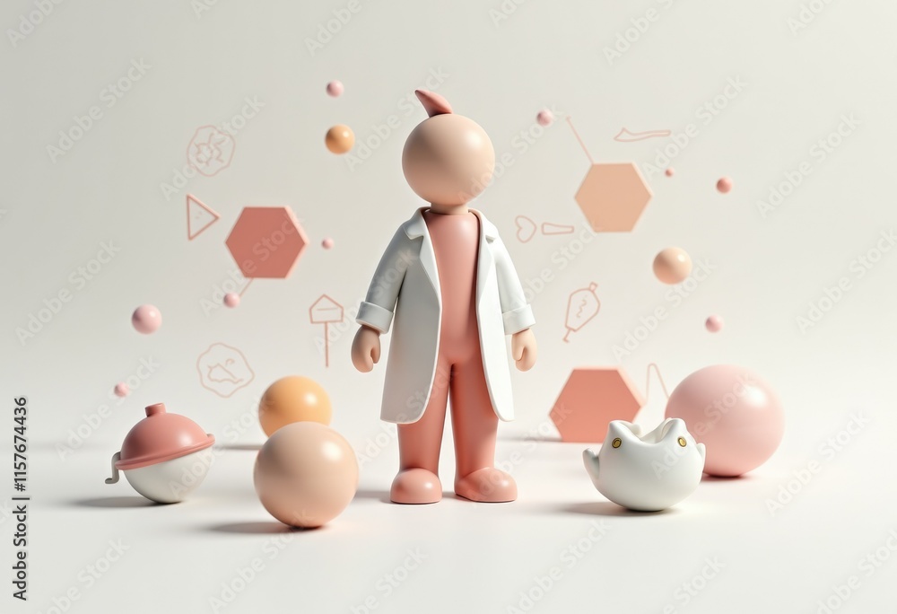 Poster A 3D rendered figure of a scientist surrounded by geometric shapes.