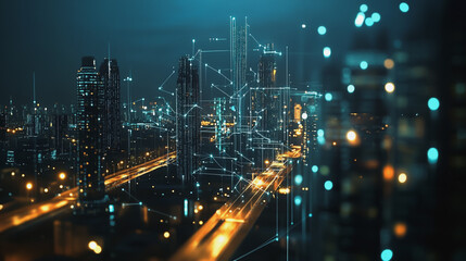 Obraz premium Smart digital Innovation city with connection network reciprocity over the cityscape. of future smart wireless digital city and social media networking systems that connects people with in city