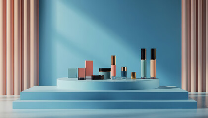 Fototapeta premium Elegant Cosmetics Display on Blue Platform Pastel Colors Beauty Products