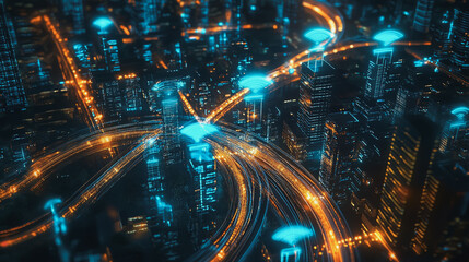 Fototapeta premium Smart digital Innovation city with connection network reciprocity over the cityscape. of future smart wireless digital city and social media networking systems that connects people with in city