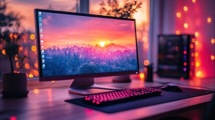 A cozy workspace featuring a computer with a scenic sunset wallpaper and ambient lighting.