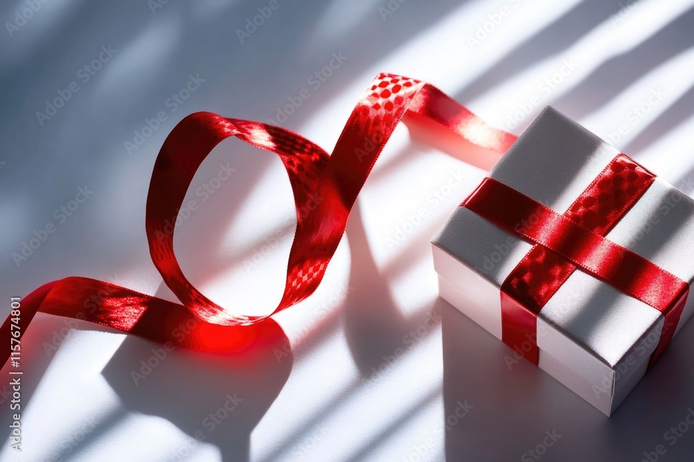 Poster a small white box with a bright red ribbon tied around the top, ideal for use in decorative or gift-