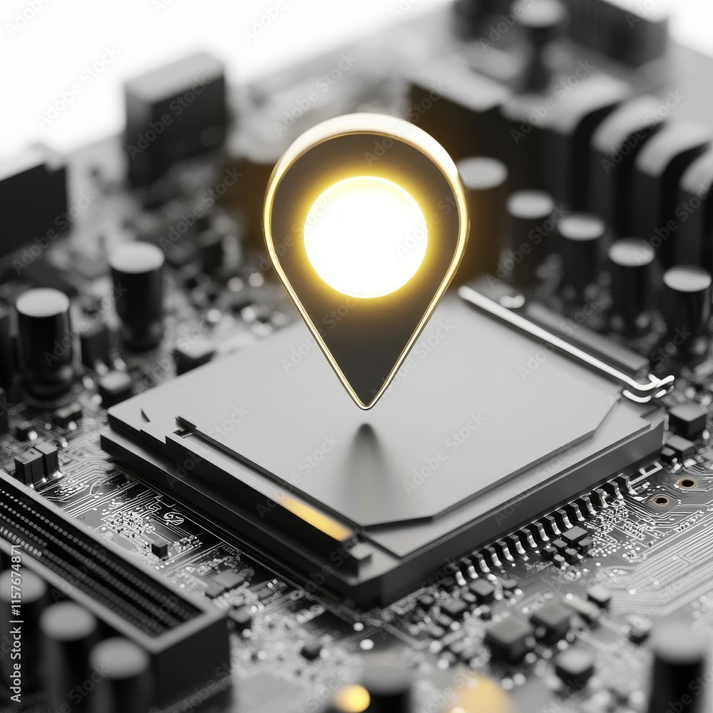 Aufkleber a symbolic representation of location tracking on a circuit board with a glowing pin icon for techno