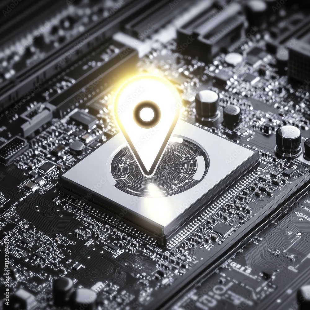 Poster a conceptual image of a microchip with a glowing location pin, symbolizing technology and connectivi