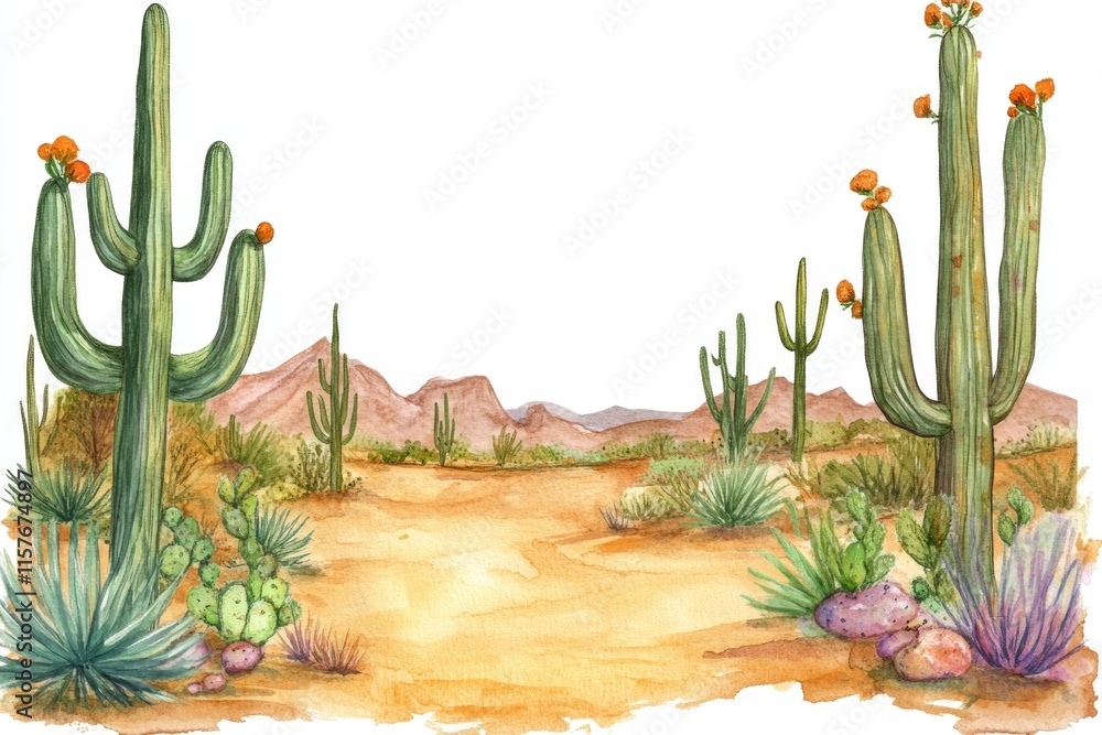 Poster a scenic view of the desert with various types of cacti, suitable for travel or nature-themed projec