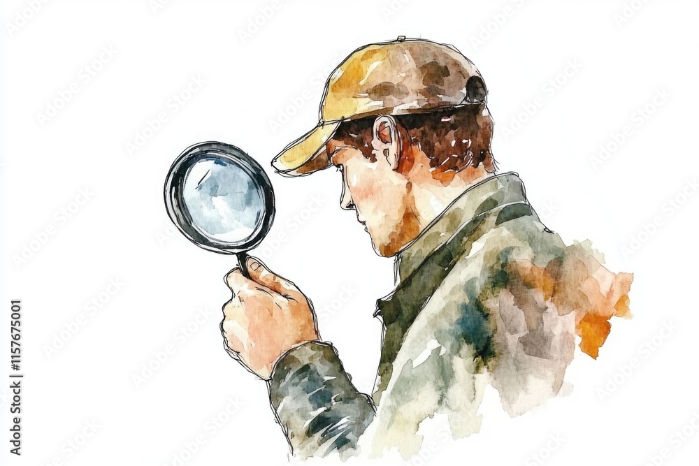 Poster a person inspects an item using a magnifying glass, ideal for illustrations about observation, curio