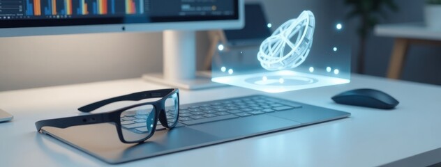 Minimalist Desk with Augmented Reality AR Tools. Ideal for tech product showcases, futuristic workspace concepts, professional innovation campaigns