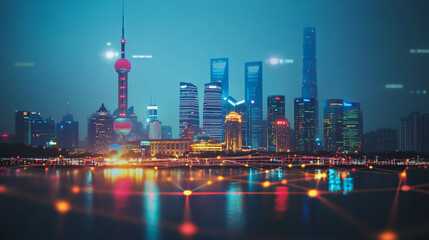 Obraz premium Smart digital Innovation city with connection network reciprocity over the cityscape. of future smart wireless digital city and social media networking systems that connects people with in city