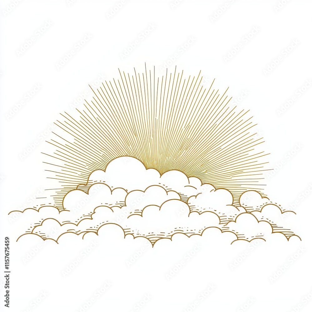 Poster stylized golden clouds with rays of sunlight emerging from behind, creating a serene and uplifting a