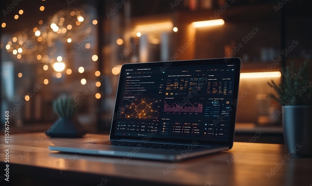Poster a laptop displaying data analytics in a cozy, illuminated workspace.