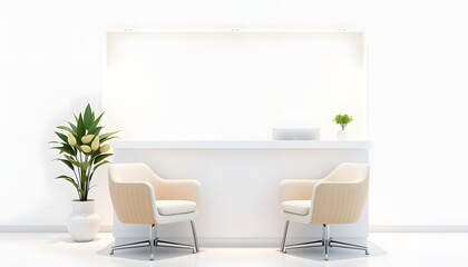 A modern office reception desk with two chairs on a white background, concept of business and hospitality. 3D Rendering, clipart style. isolated with white highlights