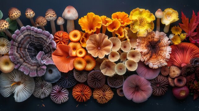 Un mandala di funghi multicolore: Una composizione simmetrica di funghi