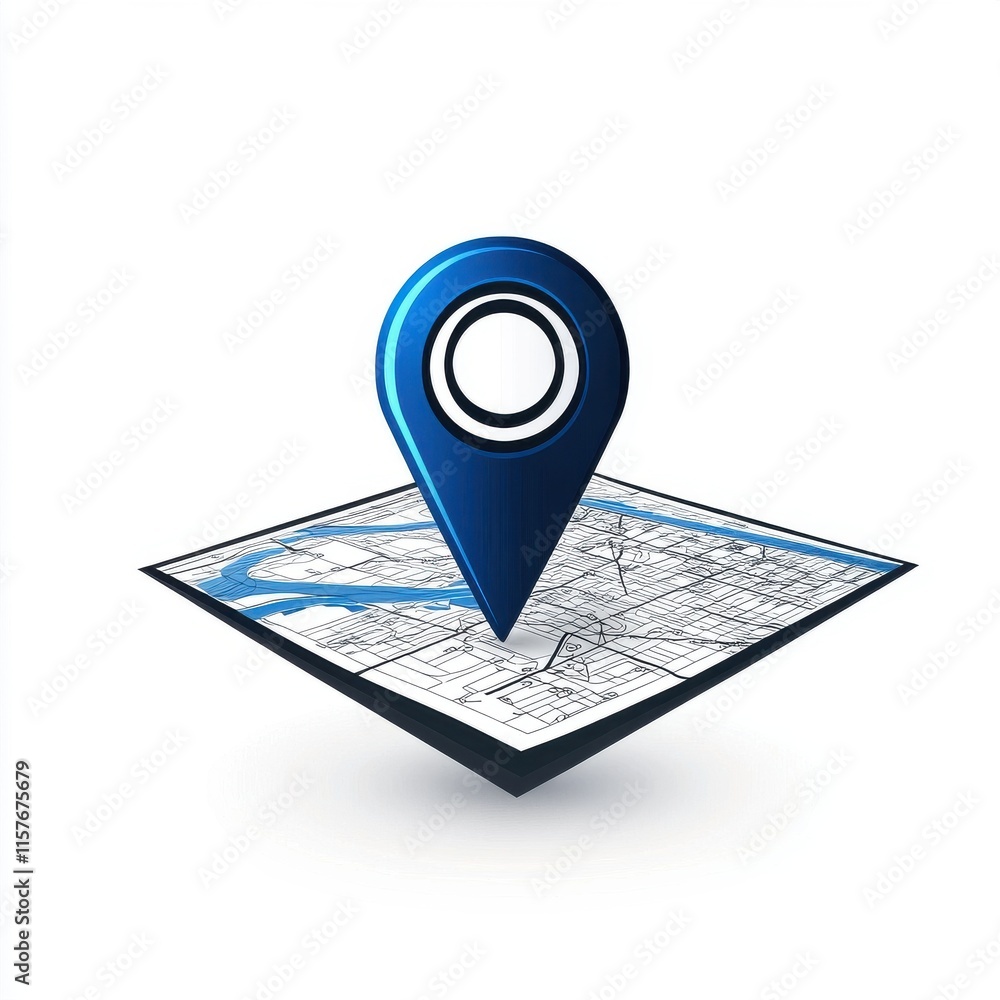 Poster a modern blue location pin icon set against a map background, symbolizing navigation and exploration