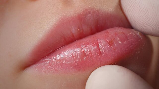 Dry and chapped lips of a child during cold weather. doctor examination. close-up.