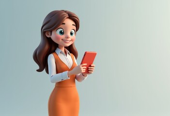 A 3D cartoon woman with brown hair is using her phone looking happy and engaged.