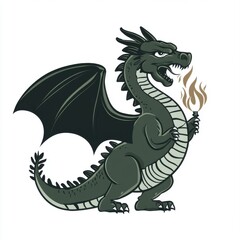 An imposing green dragon with dark wings, holding a fiery torch in its claw, exudes a fierce yet playful vibe.