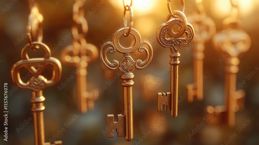Poster A collection of keys suspended from a metal chain, useful for organizing and displaying keys