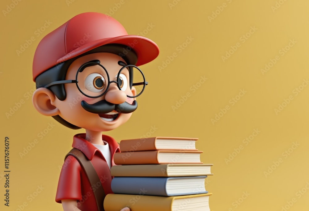 Poster a cartoon man with a mustache and glasses happily holds a stack of books.