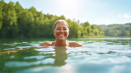Fototapeta premium Happy Woman Swimming in a Serene Lake Surrounded by Lush Green Nature