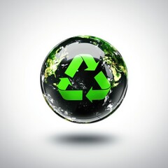 A glossy globe featuring a green recycling symbol, symbolizing environmental awareness and sustainability.