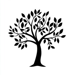 Obraz premium Stylized black silhouette of a tree with abundant branches and leaves against a white background.