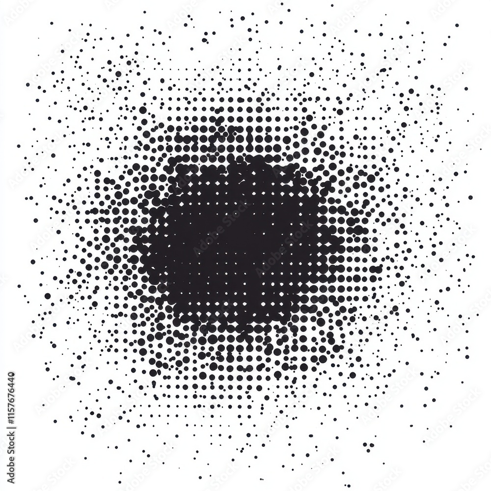 Poster a striking abstract image featuring a central black dot surrounded by a pattern of scattered smaller